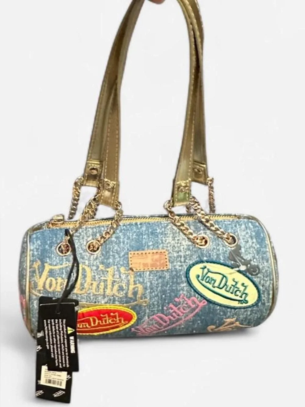 Von Dutch Blue Denim Barrel Bag with Gold Handles and Colorful Patches